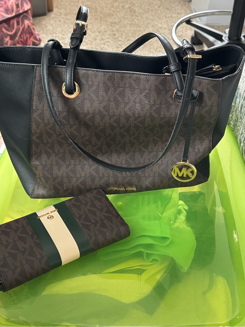 Michael Kors Brown and Black MK Logo Tote with Gold Accents